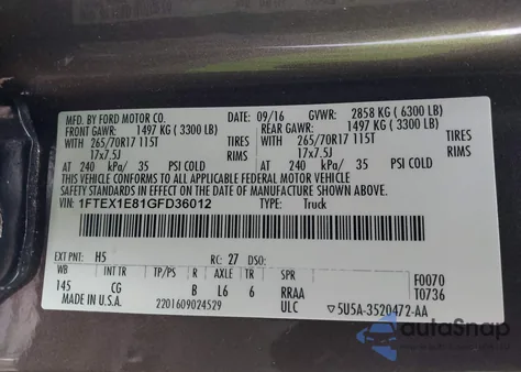 2016 Ford F-150 Xl из США, поврежденный, VIN 1FTEX1E81GFD36012